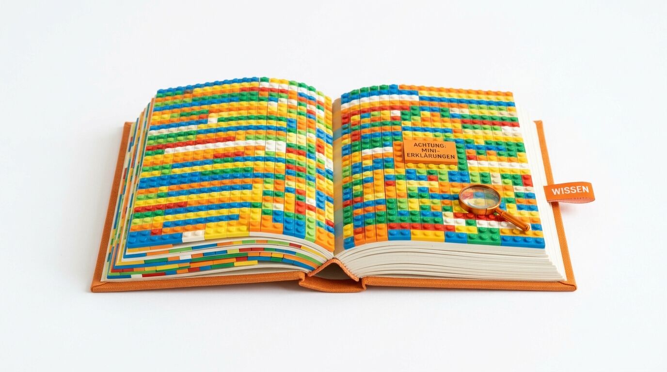 Offenes Buch, dessen Innenseiten aus bunten Klemmbausteinen bestehen, Lupe und Textplättchen