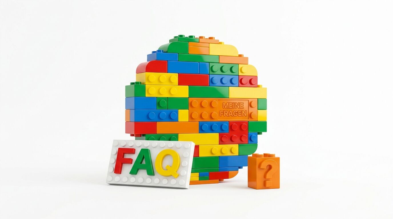 Bunte Bausteine bilden eine Kugel mit „MEINE FRAGEN“, daneben „FAQ“-Schild und Fragezeichen