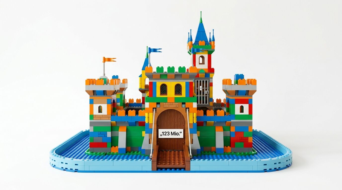 Eine bunte Lego-Burg auf blauer Grundplatte mit dem Text