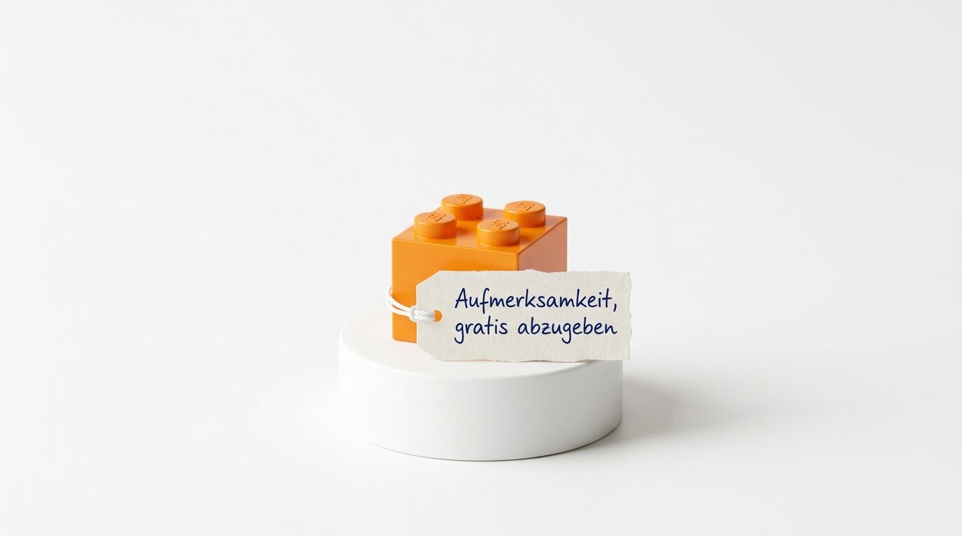 Ein oranger Legostein steht auf einem Podest und trägt ein Etikett mit deutschem Text