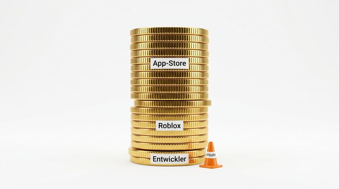 Münzstapel mit den Schildern App-Store, Roblox und Entwickler sowie einem Pylon