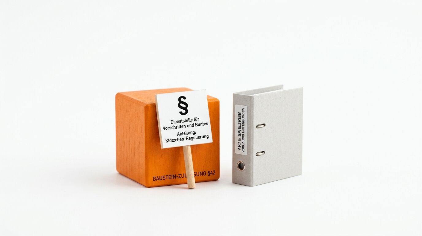 Orangener Holzklotz mit Behördenschild (§) neben einem kleinen grauen Ordner auf weiß