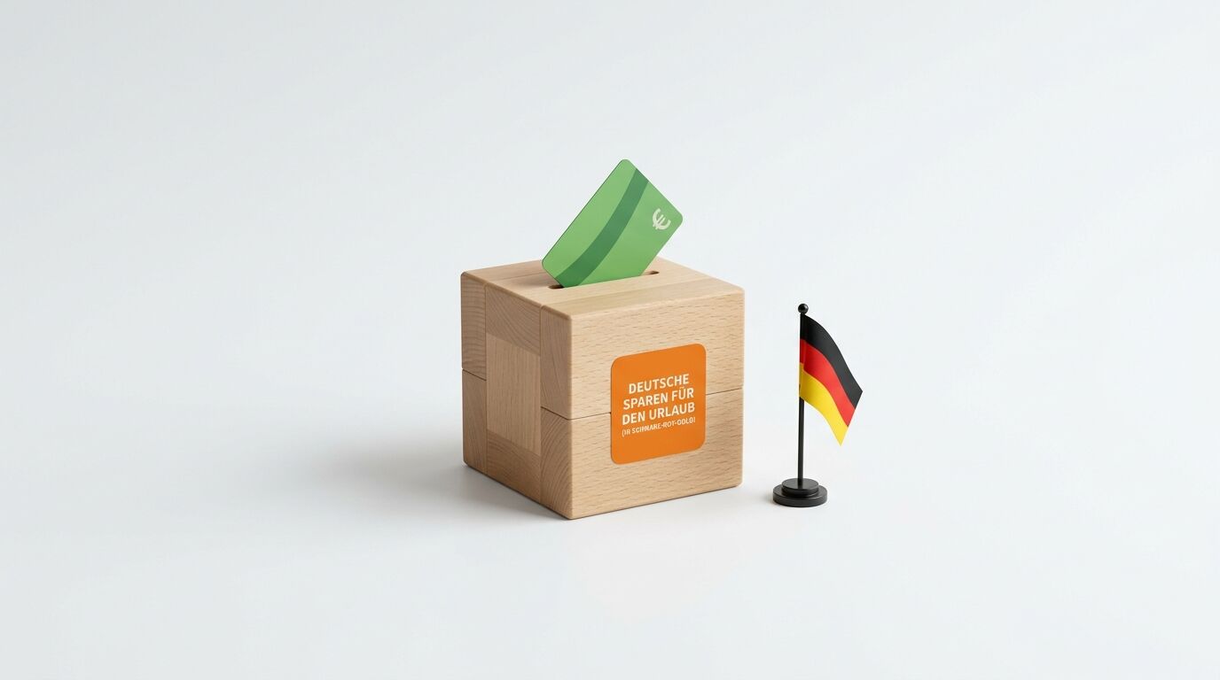 Ein Holzblock mit Geldschlitz, einer Karte und der Aufschrift „DEUTSCHE SPAREN FÜR DEN URLAUB“ neben einer deutschen Flagge