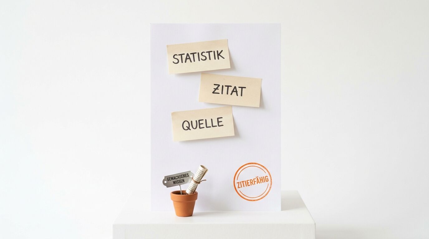 Weißes Papier mit Klebezetteln (Statistik, Zitat, Quelle), kleinem Topf und Stempel „Zitierfähig“