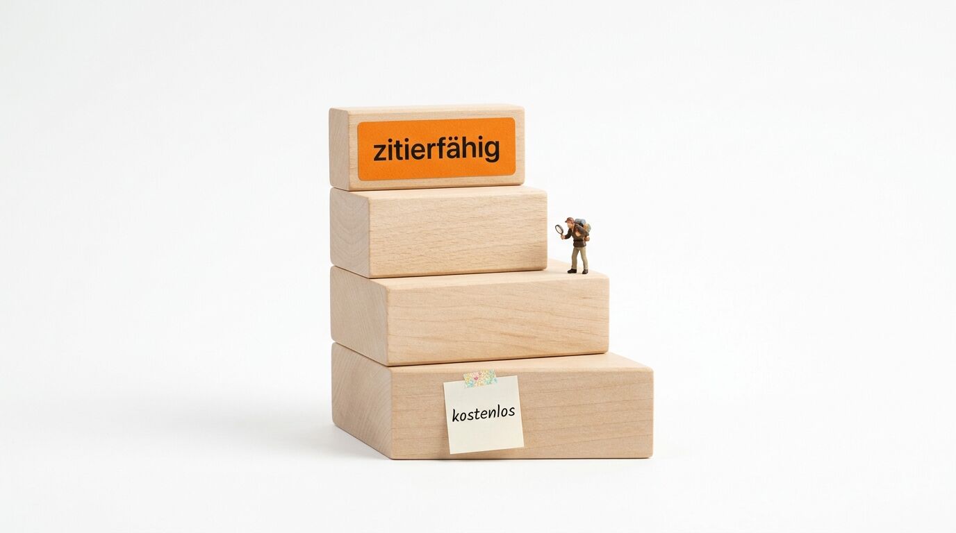 Eine Holzklötzchentreppe auf weißem Grund, beschriftet mit „zitierfähig“ und „kostenlos“, neben einer kleinen Figur