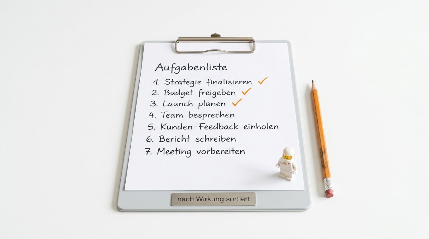 Klemmbrett mit To-Do-Liste, Häkchen, LEGO-Astronaut und Bleistift auf weiß
