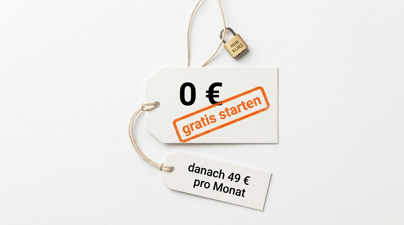 Zwei Anhänger mit Preisen (0 €, orangefarbener Stempel „gratis starten“; danach 49 € pro Monat)