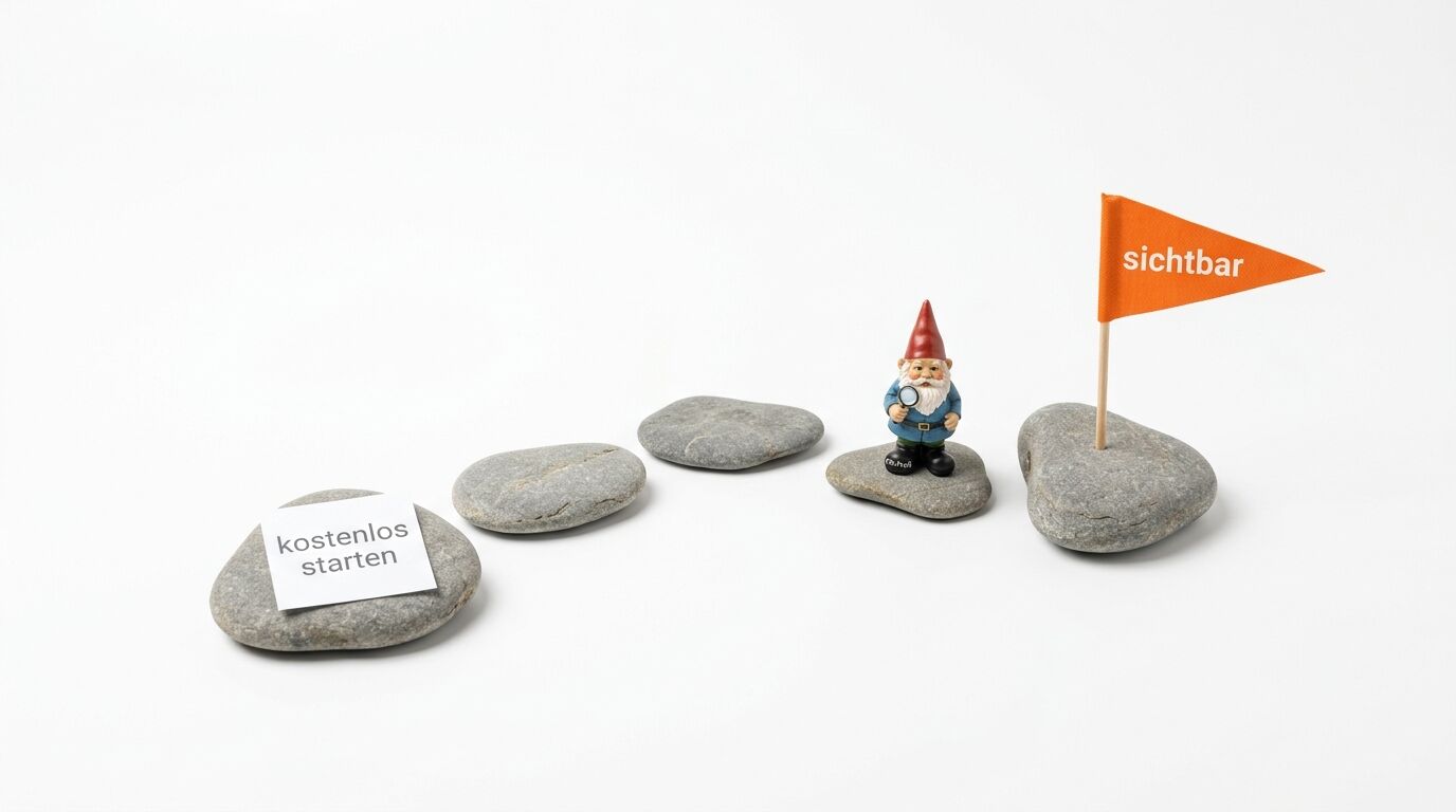 Zwerg auf Trittsteinen mit Startzettel und Zielfahne 