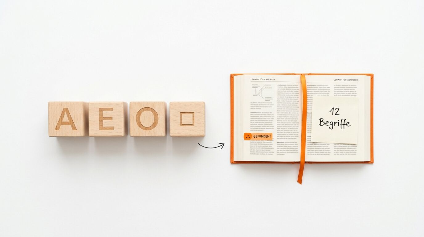 Holzbausteine (A E O Quadrat), Pfeil, offenes Buch mit Notizzettel „12 Begriffe“, weißer Grund