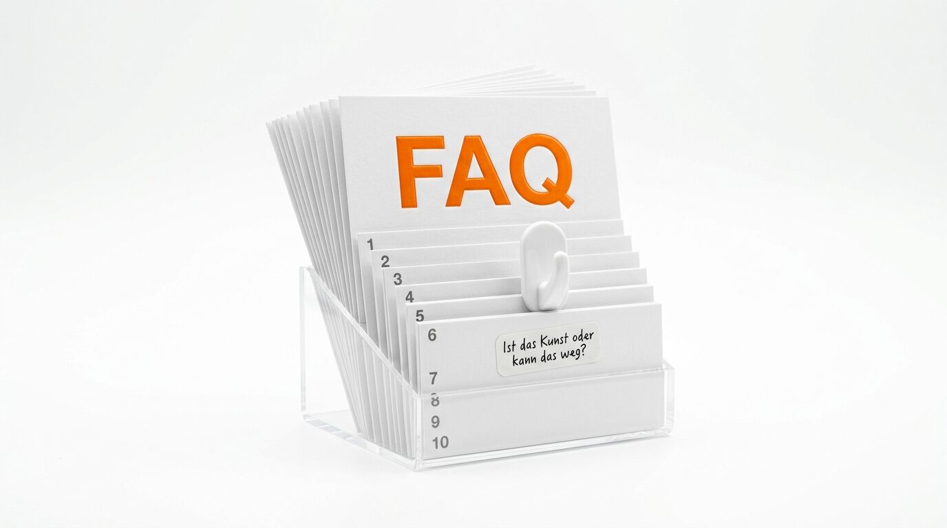 Kartikothek mit FAQ-Karte, Haken und Aufkleber „Ist das Kunst oder kann das weg?“