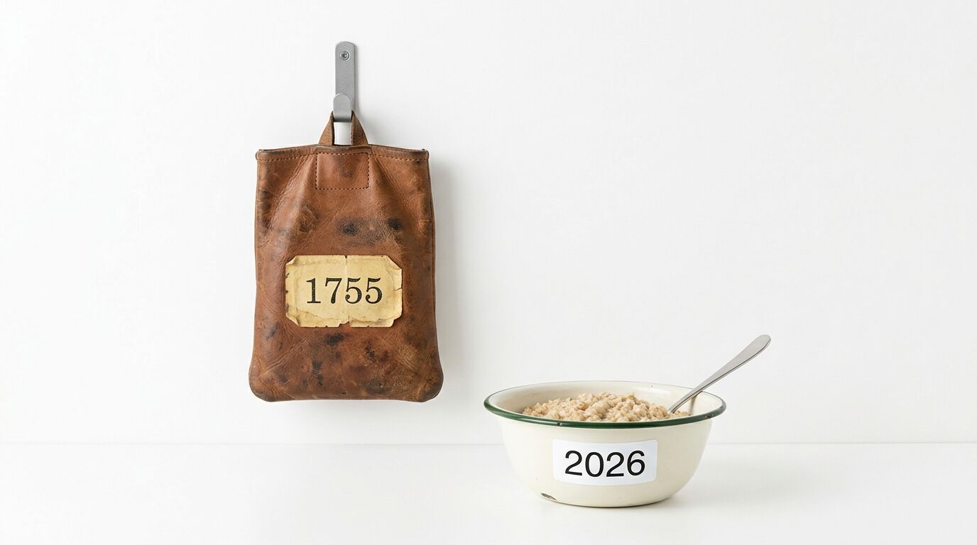 Lederbeutel „1755“ am Haken, daneben eine Schale Porridge mit Aufschrift „2026“
