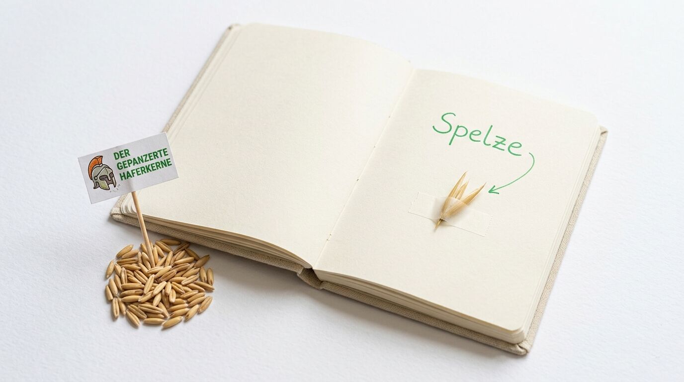 Notizbuch mit Spelze, daneben Haferkerne mit einem „Ritter“-Schilder