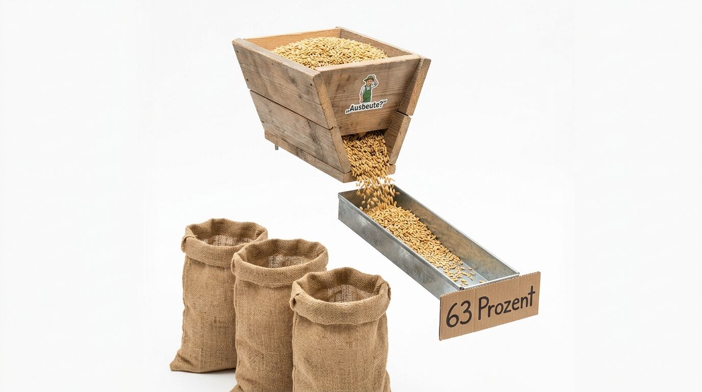 Getreide füllt aus einem Holztrichter eine Metallrinne, daneben stehen leere Jutesäcke