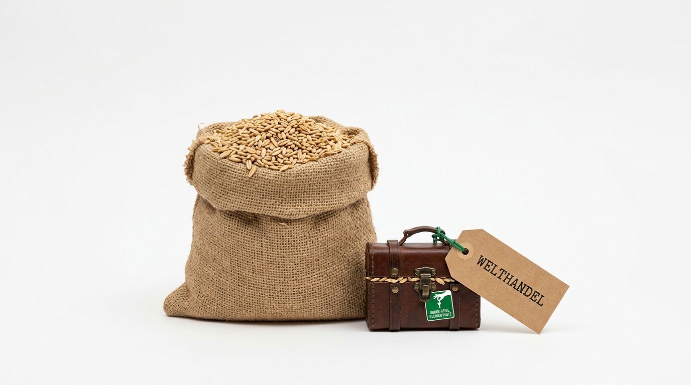 Offener Jutesack mit Getreidekörnern neben braunem Koffer mit Anhänger WELTHANDEL