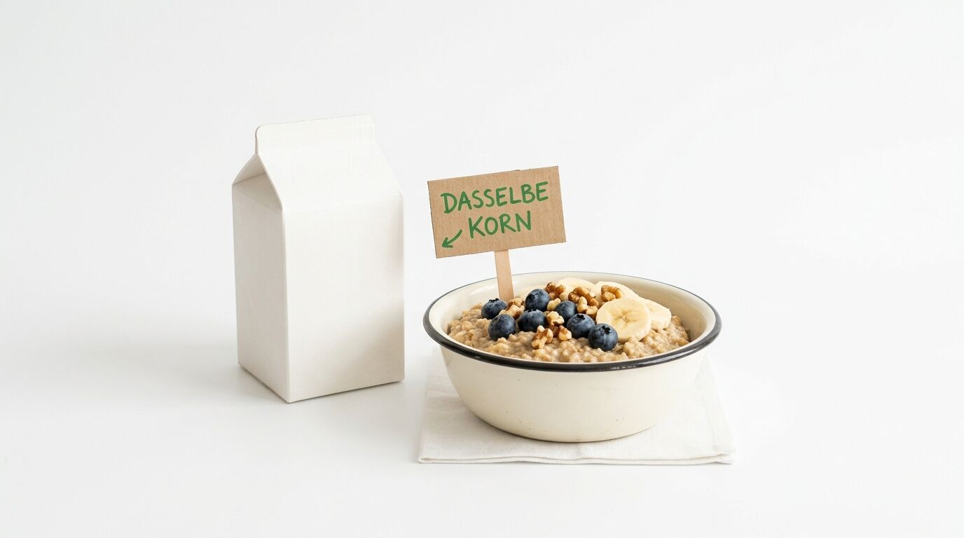 Porridge-Schüssel mit Obst, Nüssen und Textschild neben weißer Getränkeverpackung