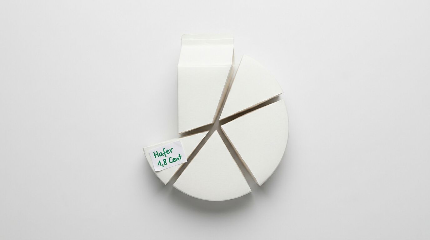 Weiße Kartonstücke als Tortendiagramm mit Hafermilch-Karton und 1,8 Cent-Zettel