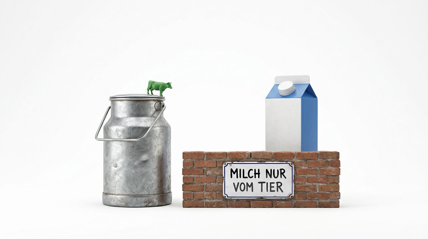 Milchkanne mit grüner Kuh, Milchkarton auf Mauer, Schild: