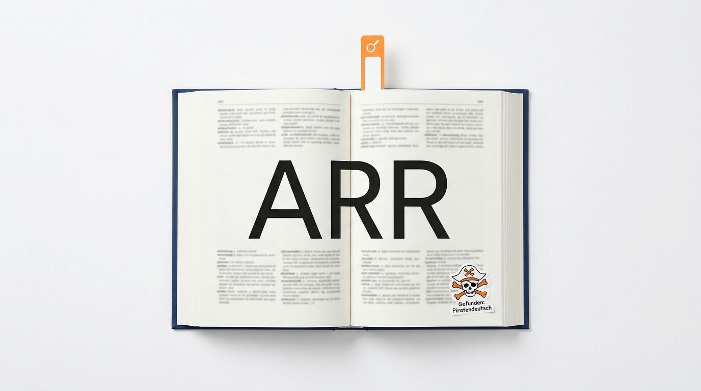 Offenes Buch mit Text ARR und Piratensymbol auf weißem Hintergrund