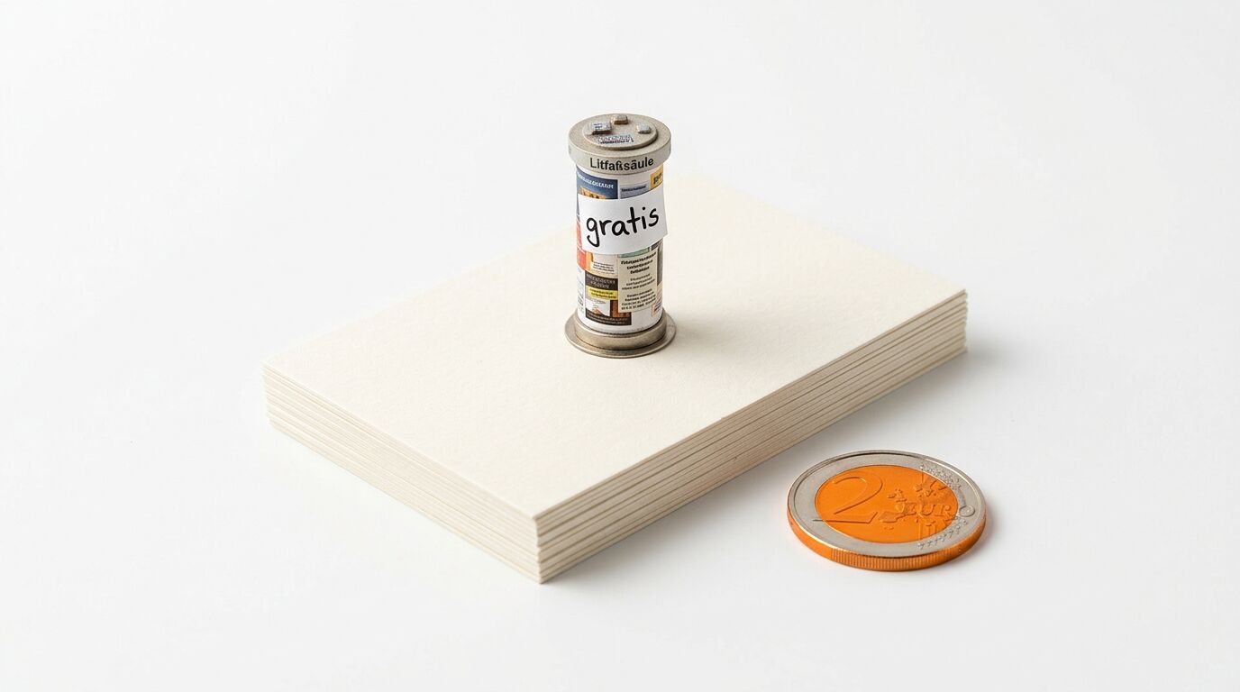 Mini-Litfaßsäule mit „gratis“-Text auf Papierschachtel neben 2-Euro-Münze