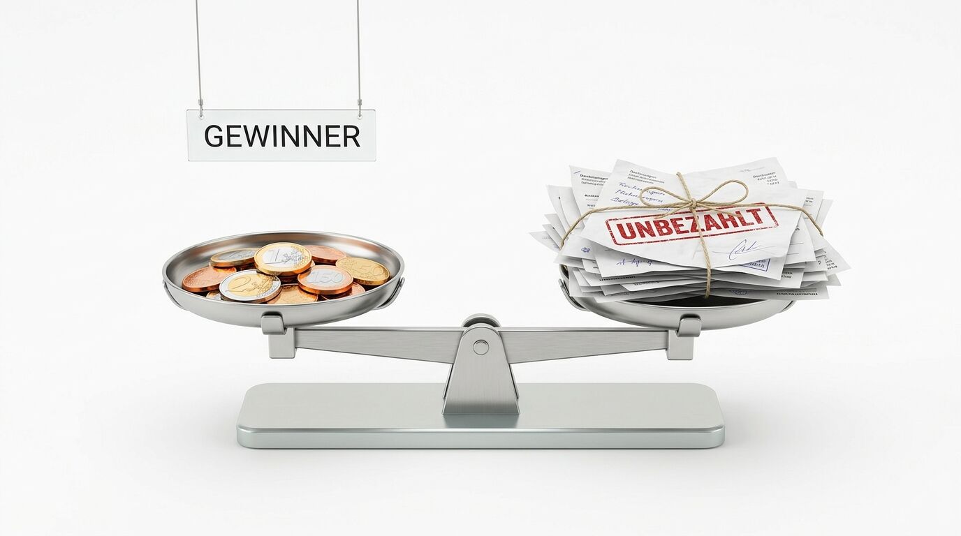 Waage mit Euro-Münzen links und Rechnungsstapel („UNBEZAHLT“) rechts im Gleichgewicht
