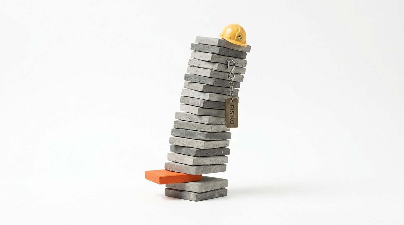 Instabiler Stapel aus Betonplatten, Helm, Haken und Schild „RISIKO“