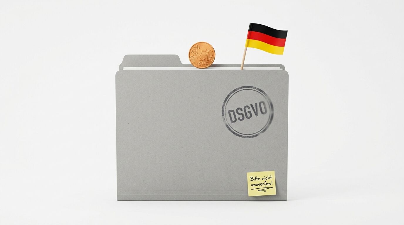 Ein grauer Aktenordner mit „DSGVO“-Stempel, 50-Cent-Münze, deutscher Flagge und Notiz