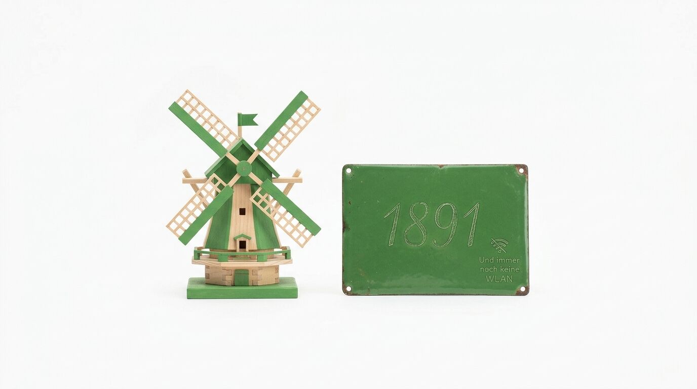 Hölzerne Windmühle und grünes Emailleschild mit der Jahreszahl 1891 vor weißem Hintergrund