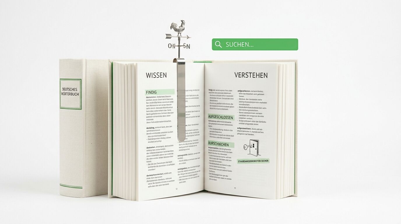 Geöffnetes Buch mit Lesezeichen-Hahn und digitaler Suchleiste