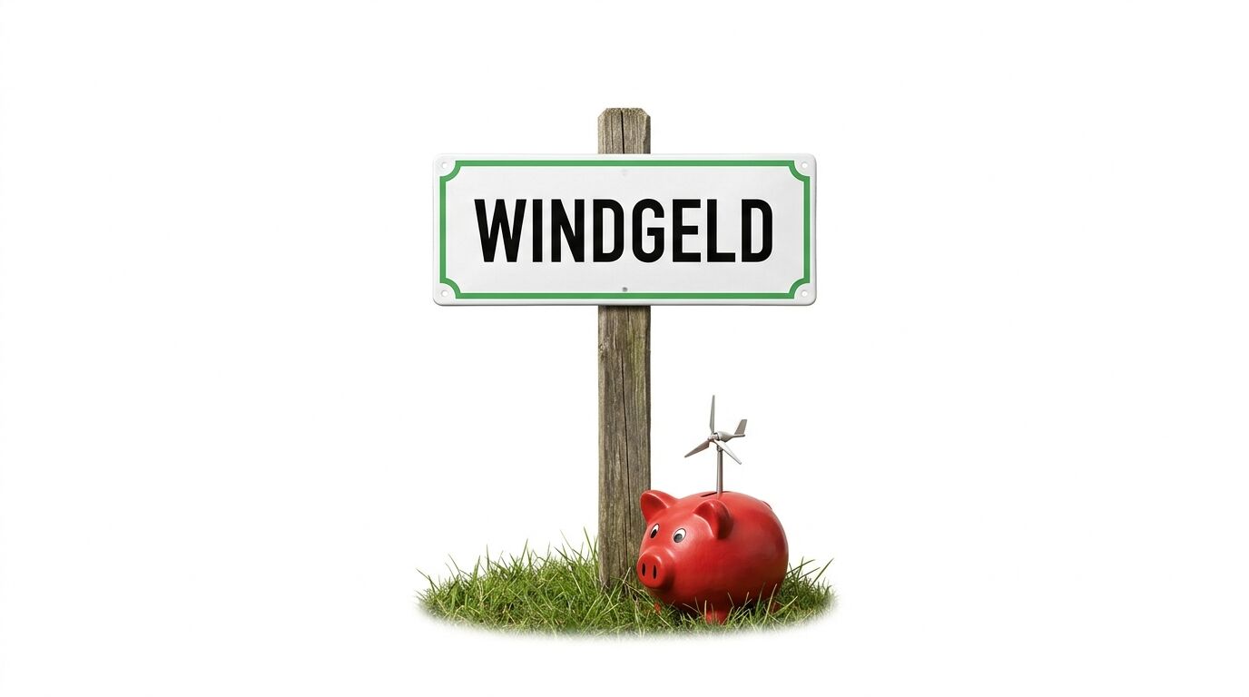 Ein Straßenschild mit der Aufschrift „WINDGELD“ neben einem roten Sparschwein mit einem Windrad