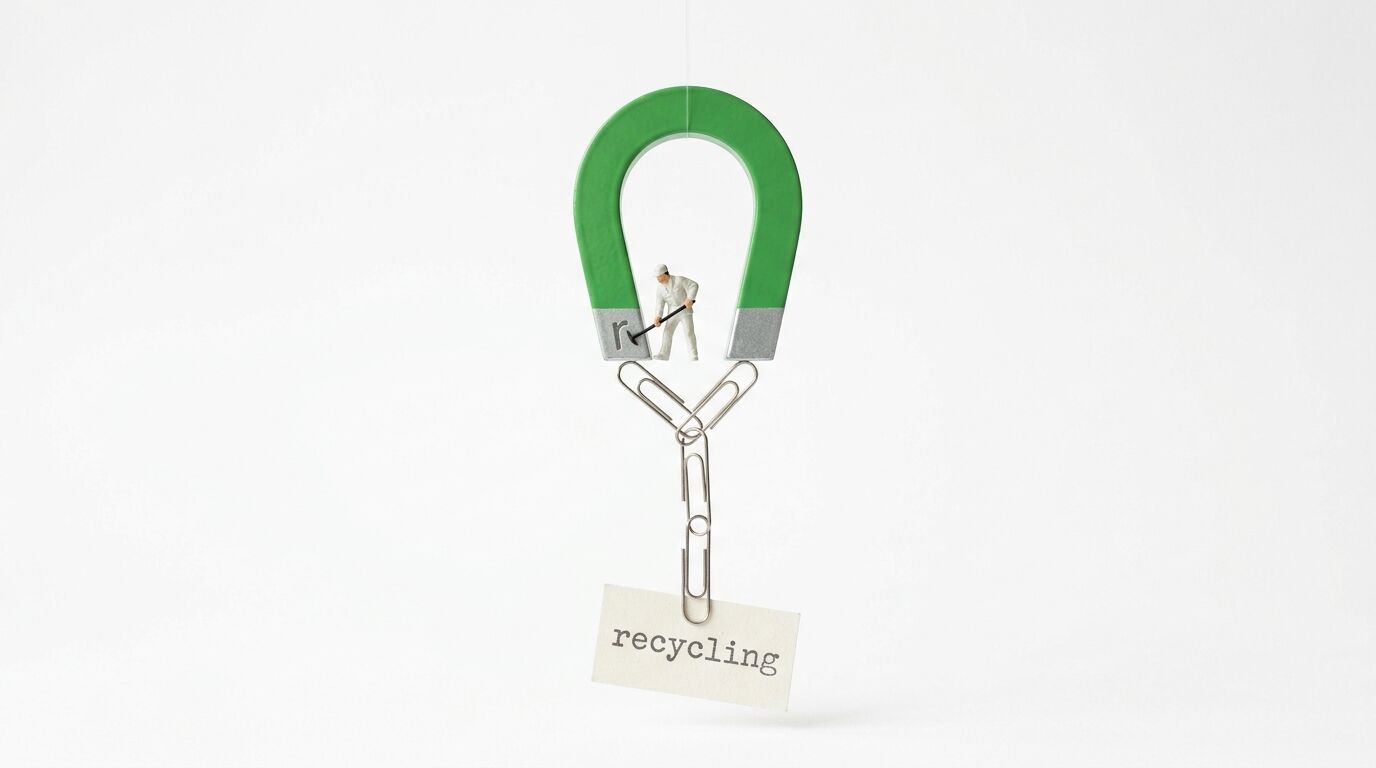 Grüner Magnet zieht Büroklammerkette mit „Recycling“-Schild, darauf Miniaturfigur