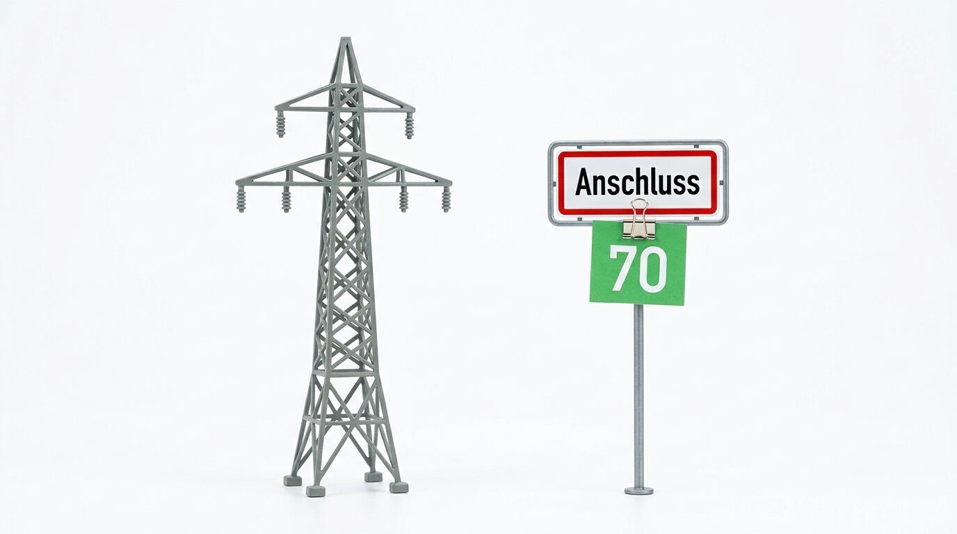 Strommast und Ortstafel mit Aufschrift „Anschluss“ und grüner Zahl 70 vor weißem Grund