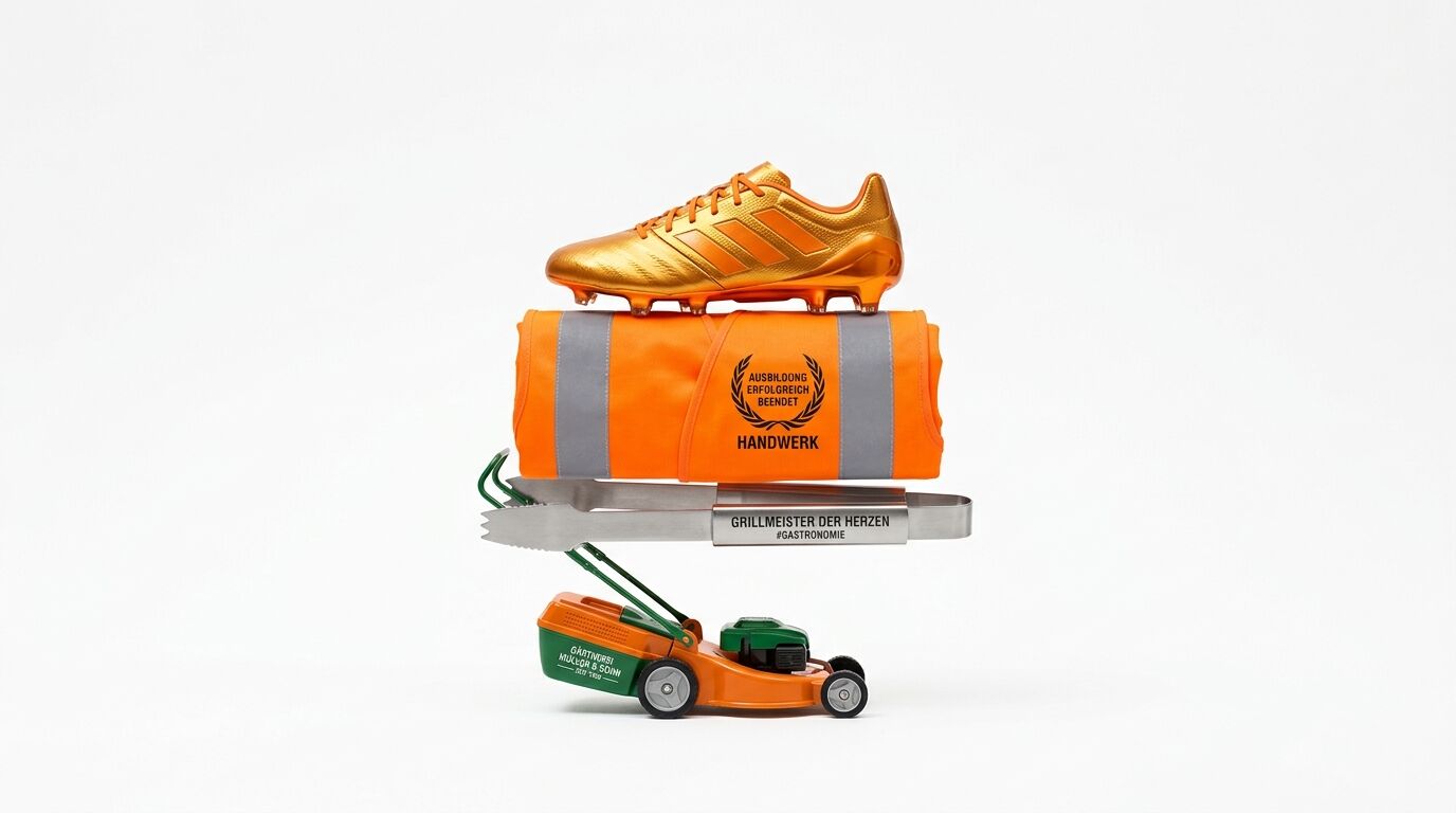 Turm aus Spielzeugrasenmäher, Grillzange, Warnweste, Fußballschuh auf Weiß