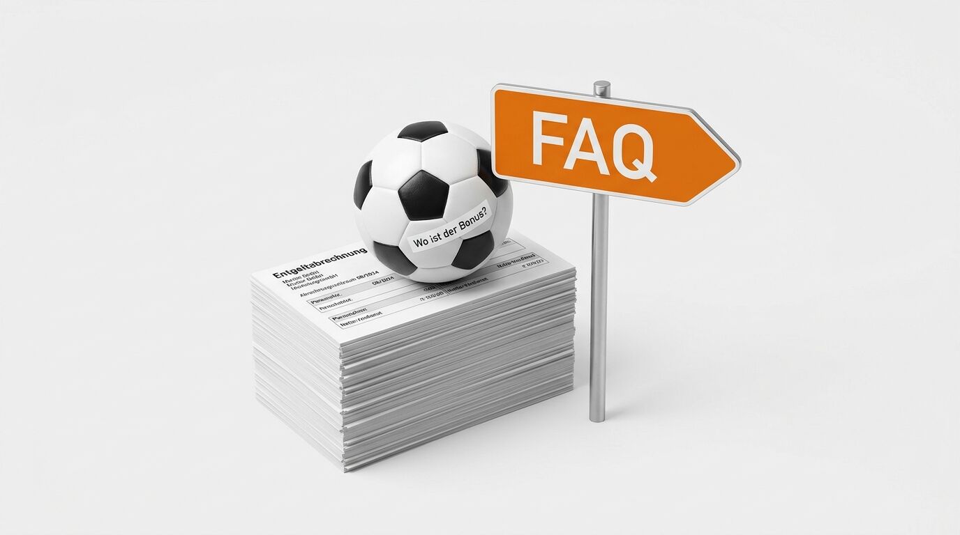 Ein Fußball auf Gehaltsabrechnungen mit der Frage „Wo ist der Bonus?“ und ein FAQ-Pfeil daneben
