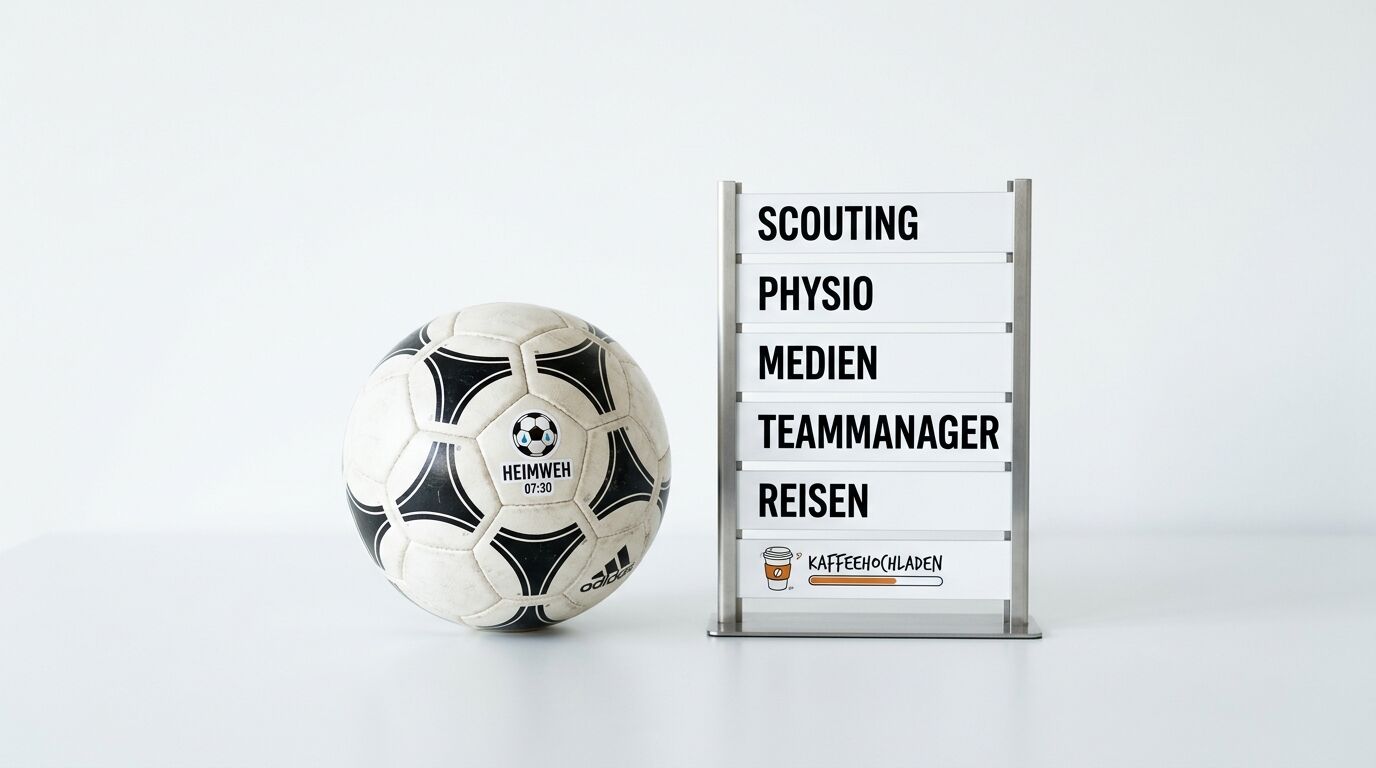 Fussball und ein Metall-Infoaufsteller mit Begriffen neben einem Kaffeesymbol