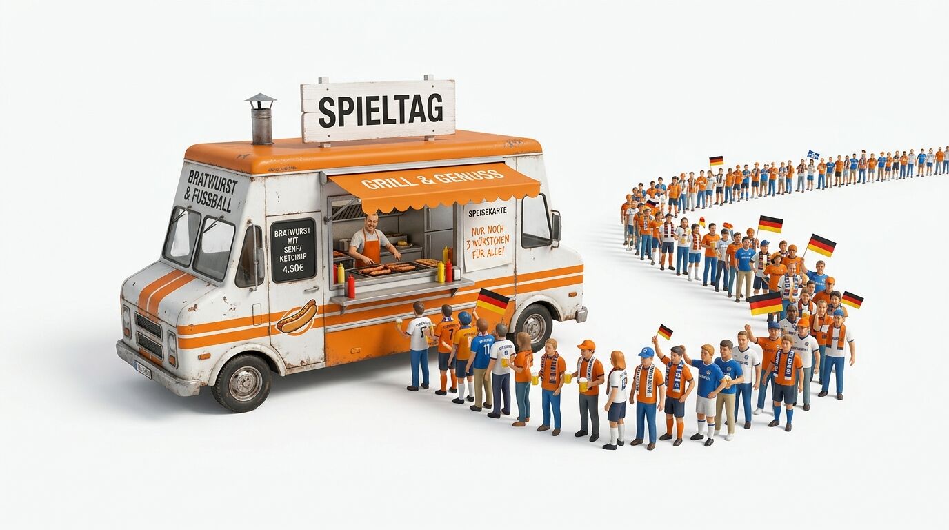 Miniatur Fußballfans stehen Schlange vor einem Imbisswagen mit Aufschrift „Spieltag“