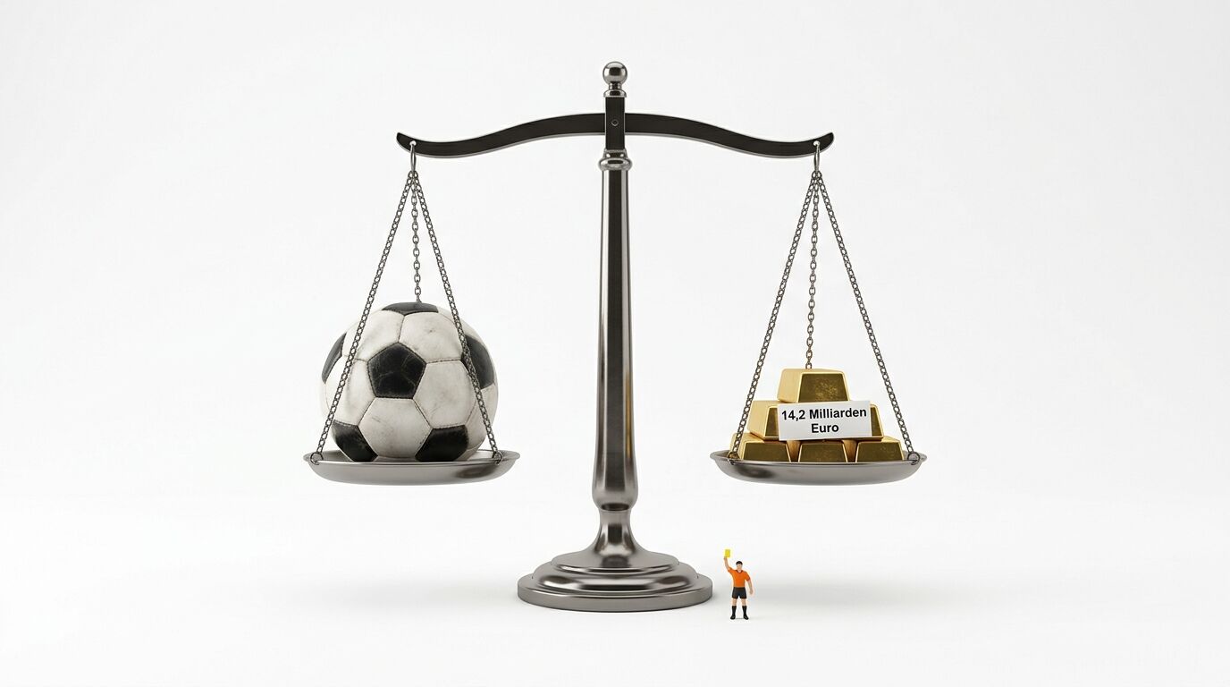 Waage mit Fußball gegen Goldbarren (14,2 Mrd. Euro) und Schiedsrichterfigur auf Weiß