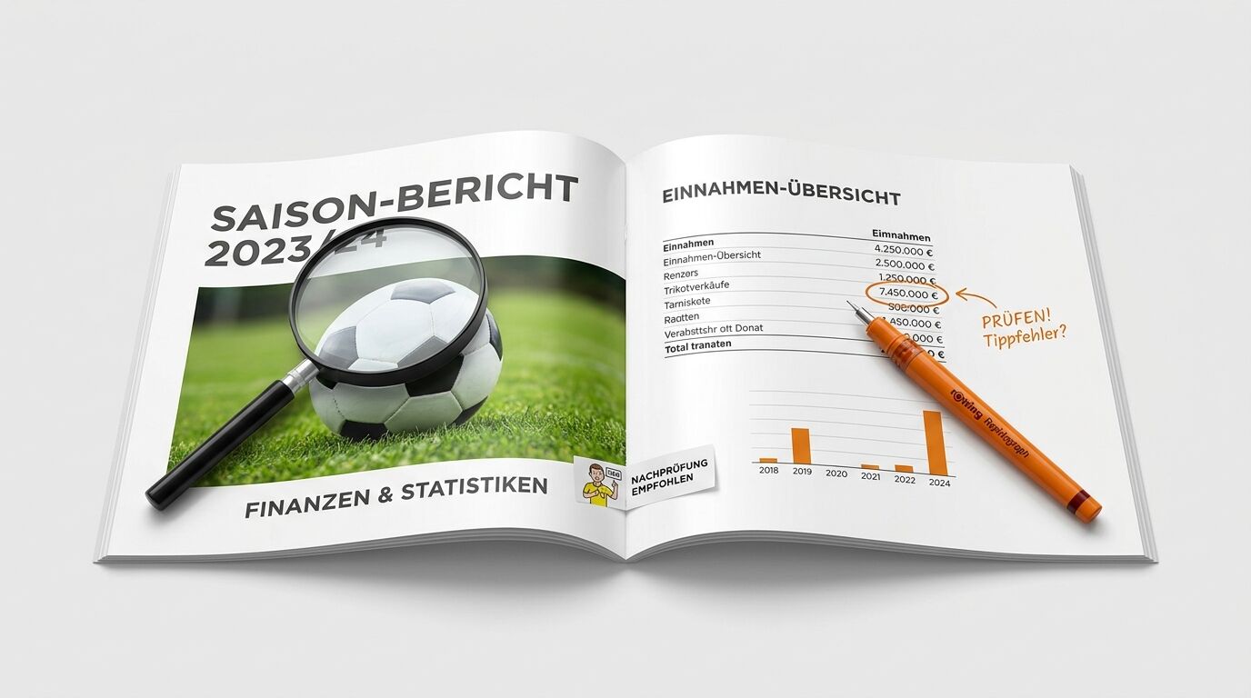 Aufgeschlagener Saisonbericht 2023/24 mit Lupe, Tabelle, Diagramm und Stift