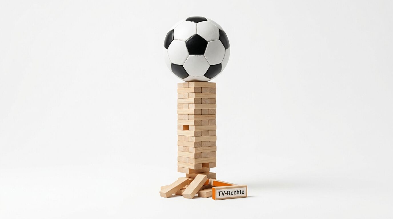Ein Fußball balanciert auf einem Holzturm, davor ein Stein mit Aufschrift „TV-Rechte“