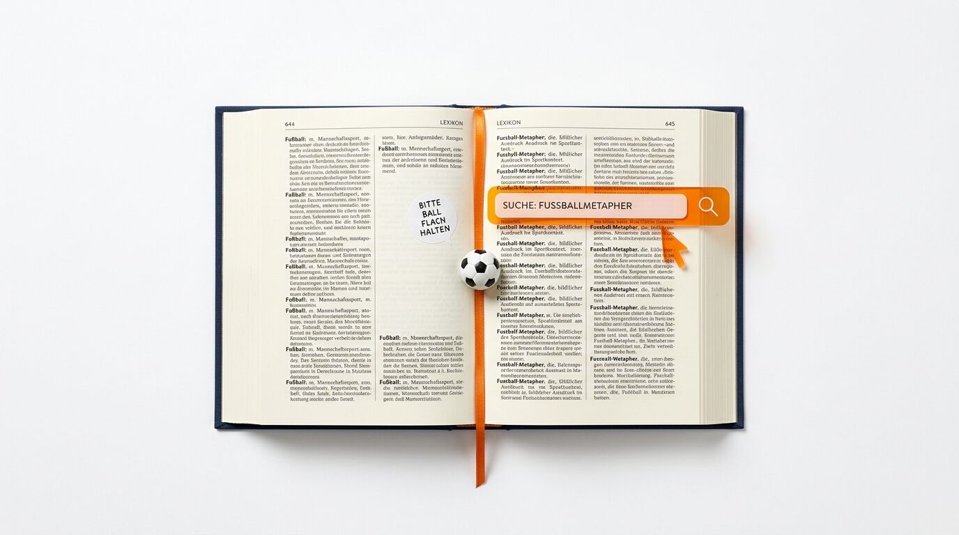 Lexikon, Fußballmetapher-Suche, ein Ball, orange Markierung und Cursor, weiße Fläche