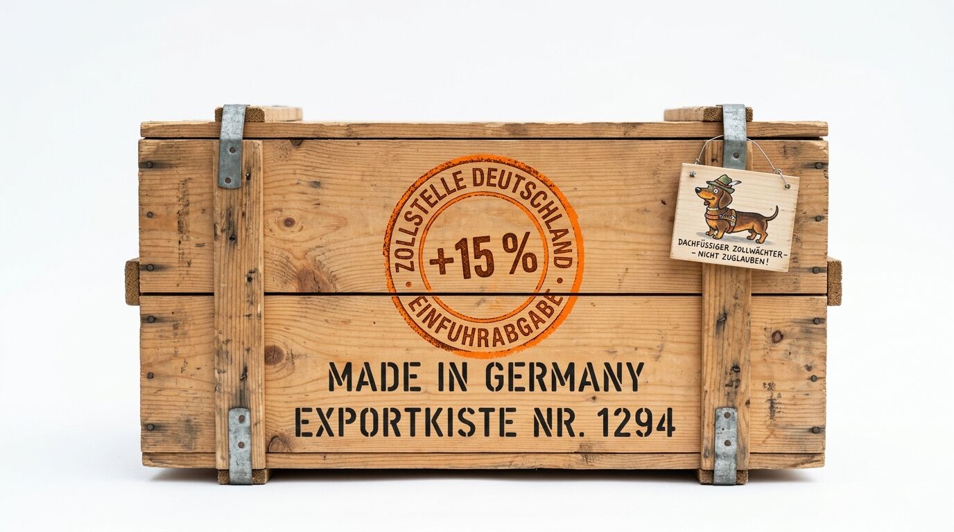 Holzkiste mit Aufschrift „Made in Germany“, Stempel „Zollstelle Deutschland“ und Dackel-Schild