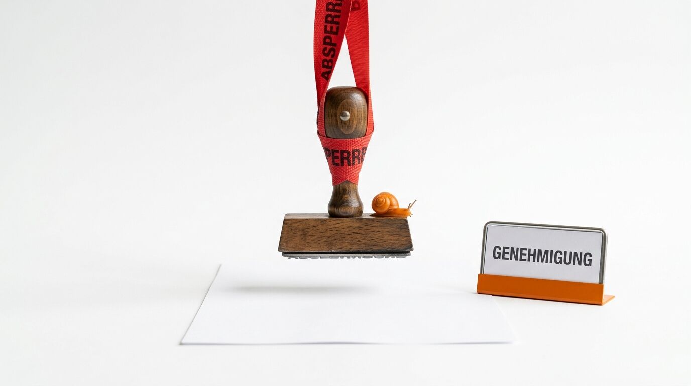 Stempel mit rotem Band und Schnecke schwebt über Papier neben Schild „GENEHMIGUNG“