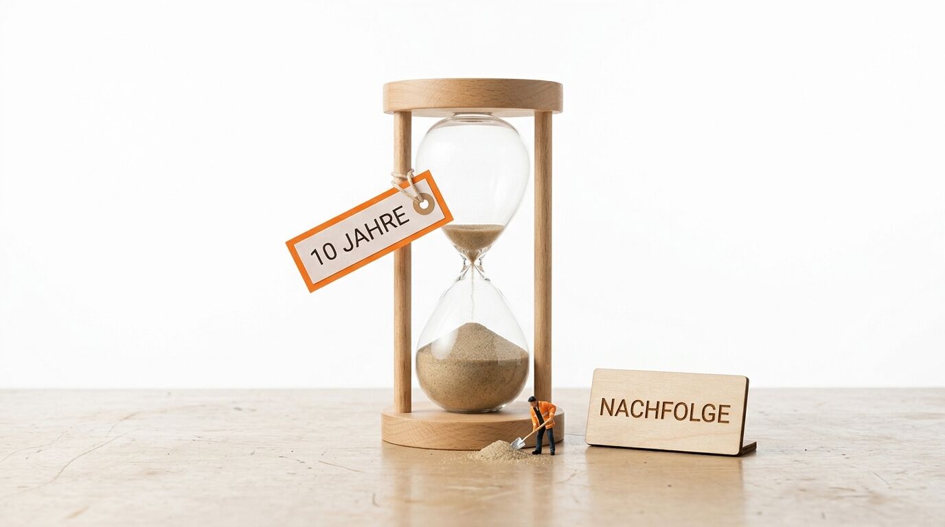 Sanduhr mit Anhänger „10 JAHRE“, Figur und Schild „NACHFOLGE“ auf Holztisch vor Weiß