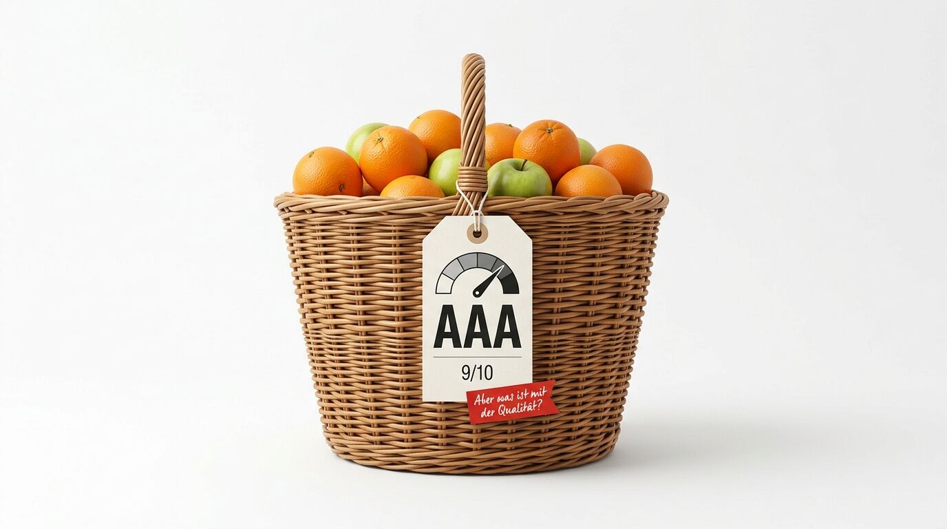 Weidenkorb mit Orangen und Äpfeln, Etikett mit „AAA 9/10“ und roter Zusatzfrage vor weißem Grund