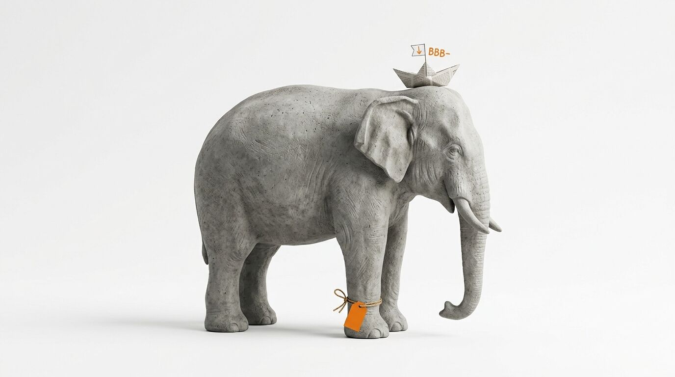 Beton-Elefant mit Papierschiffchen-Hut (Marke BBB-) und orangem Anhänger am Bein vor weiß