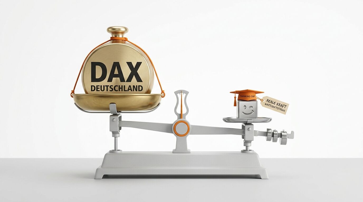 Waage mit DAX-Gewicht und Smiley-Doktorhut,