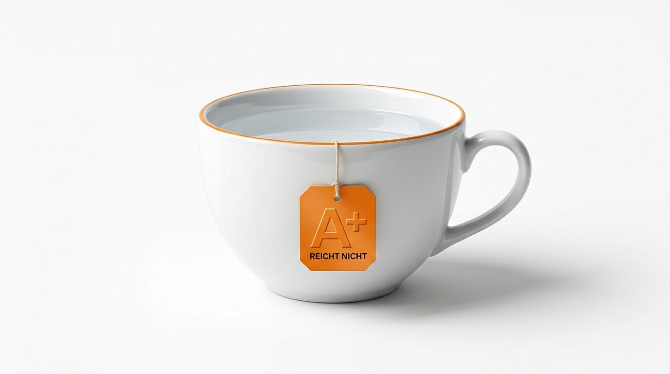 Weiße Tasse Wasser, oranger Anhänger: „A+ REICHT NICHT“