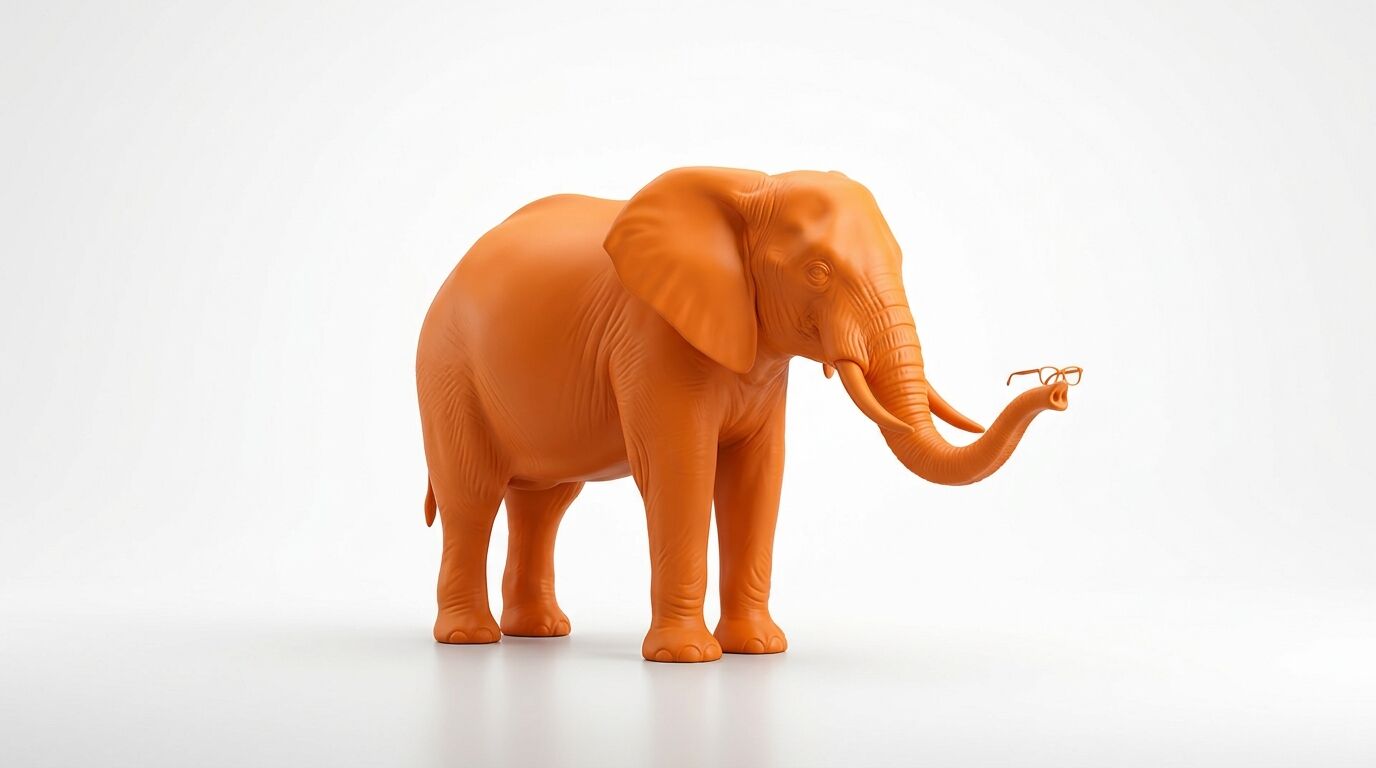 Ein komplett orangefarbener Elefant, der auf seinem Rüssel eine gleichfarbige Brille balanciert