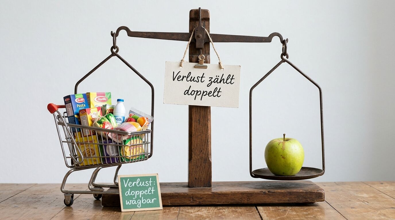 Alte Waage mit gefülltem Einkaufswagen, Apfel und Schild „Verlust zählt doppelt“