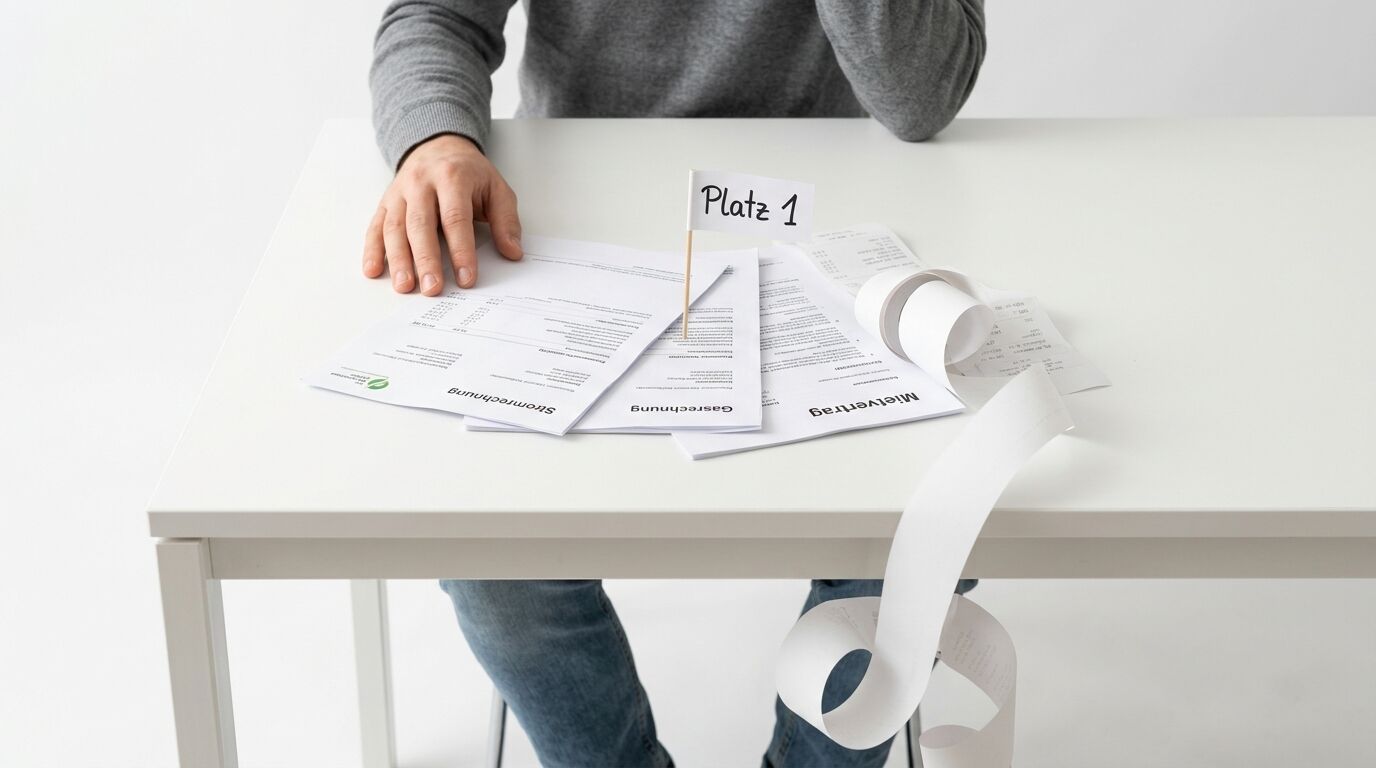 Rechnungen und eine Papierrolle liegen auf einem Tisch neben einer Hand