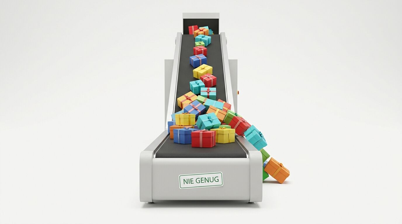 Förderband mit vielen bunten Geschenkkartons, vorne ein Schild „NIE GENUG“